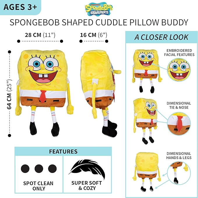 Spongebob Kids Bedding Super Soft Plush Cuddle Pillow Buddy, One Size, By Franco