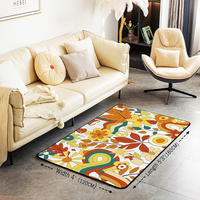 70S Groovy Hippie Flower Area Rug Girls Boho Rainbow Leaves Mushroom Pumpkin Flowers Carpet 4x5,Vintage Wavy Floral Decorative Rug Aesthetic Psychedelic Funky Non Slip Rug for Bedside