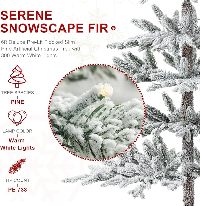 Glitzhome 6ft Flocked Christmas Tree, Pre-Lit Artificial Christmas Tree,Serene Snowscape Fir Tree with Sturdy Metal Stand, 733 PE Tips and 300 Warm White Lights for Holiday Party Home Decor