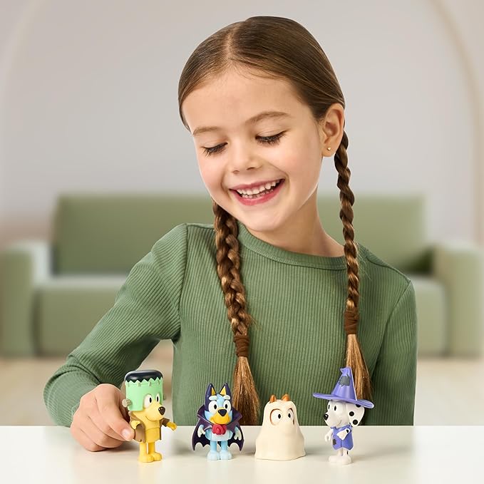 Bluey Halloween Figure 4-Pack - 2.5" Poseable Figures of Bluey, Bingo, Chloe & Lucky in Costumes With Accessories - Kids Can Recreate Favorite Moments From TV Show