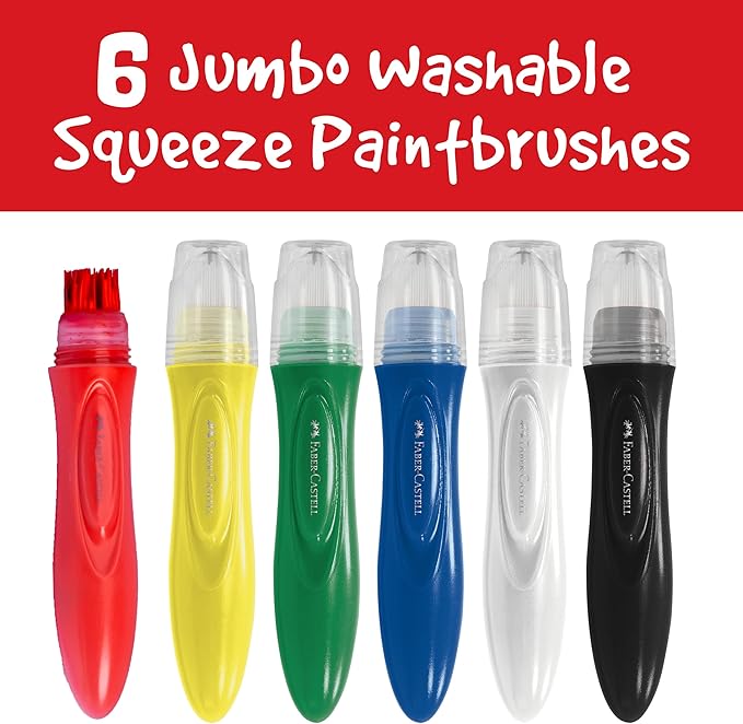Faber-Castell Little Creatives Jumbo Squeezing Paint Brushes, 6 Colors, Paint Sticks for Kids Washable, Toddler Art Supplies, Non Toxic Paint and Brush in One, Kids Crafts Age 3 to 5+
