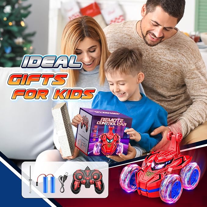 Remote Control Car, Boys Toys Age 4-6 6-8 8-12 360° Rotating 2.4GHz Fast Stunt RC Cars with Cool Lights Music 4WD Off Road RC Crawlers Birthday Party Outdoor Xmas Gifts for 3-12 Year Old Boys