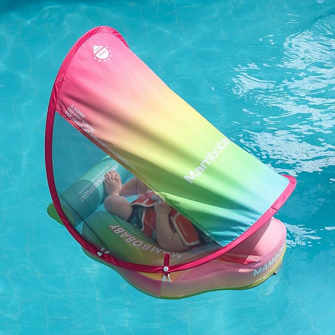 Mambobaby Float Add Tail Baby Swim Float with Canopy Solid Pool Infant Swim Trainer Swimming Training Lying Air Free Water Floats Non-Inflatable Waist Swim Ring for Toddlers (Rainbow)
