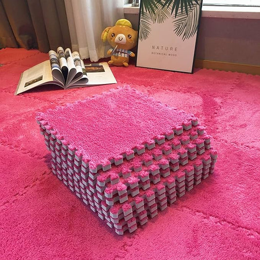 Interlocking Carpet Shaggy Soft EVA Foam Mats Fluffy Area Rugs Protective Floor Tiles Exercise Play Mat for Children Kids Room Home Parlor Bedroom (12 Pcs, Rose)
