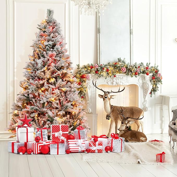 GOFLAME 6 FT Artificial Christmas Tree with Pine Needles, Snow Flocked Xmas Tree with 850 PE & PVC Branch Tips, 240 LED Lights & 34 Pine Cones, Hinged Decoration Tree with 8 Lighting Modes