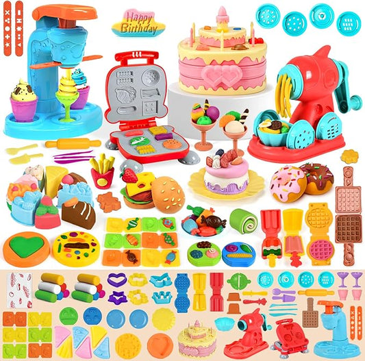 70 PCS 4 in 1 Dough Sets for Kids Ages 3-4-8, Art Crafts Dough Tools Kit, Ice Cream Playset Noodle Hamburger Cake Maker Machine, Kitchen Creations Food Play Toys Toddlers Boys Girls