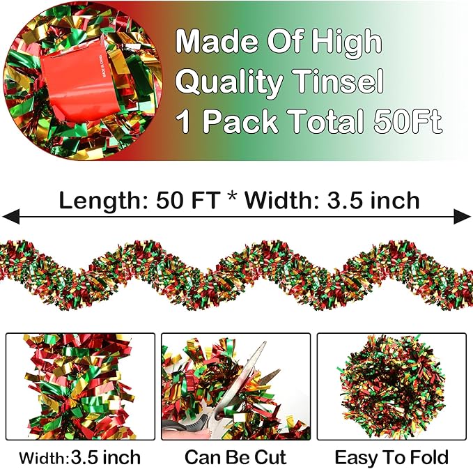 50ft Metallic Twist Tinsel Garland - Shiny Hanging Ornaments for Christmas Tree & Holiday Home Decoration - Red, Green, Gold