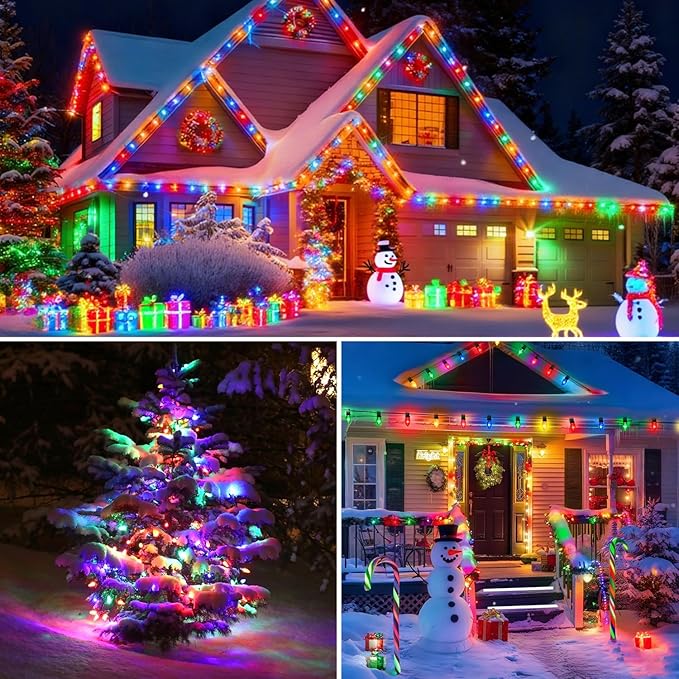 50FT C7 Multicolor Christmas Lights Outdoor, Vintage Christmas Light Green Wire with 55 Clear Multicolored Bulbs (5 Spare), Outdoor String Lights for Xmas Tree Home Yard Wedding Party Decorations