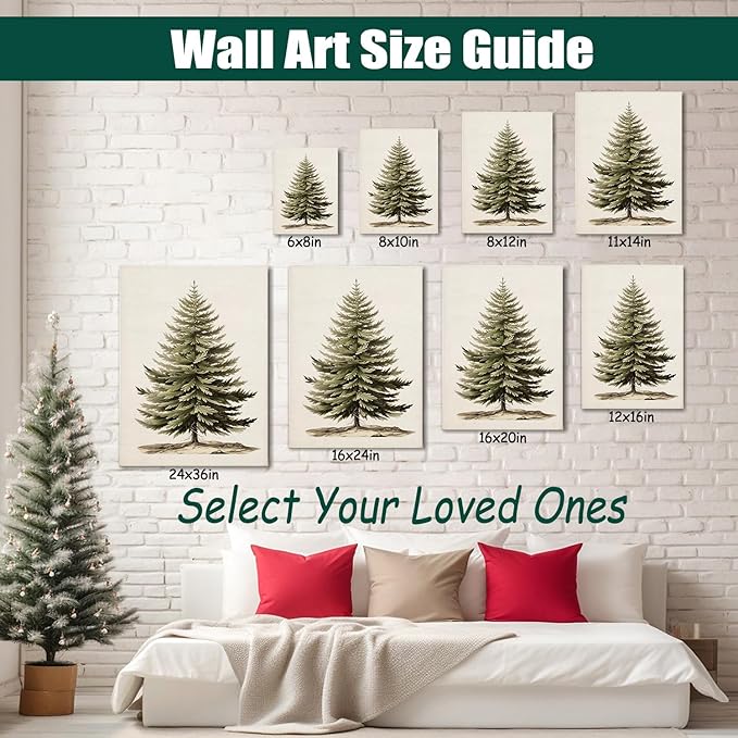 AbcCustomize Vintage Christmas Tree Canvas Wall Art, Botanical Pine Tree Print Poster, Rustic Holiday Canvas Wall Art for Christmas Decorations, Gifts and Winter Decor, Ready to Hang