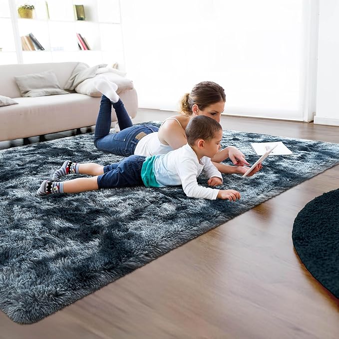6x9 Fluffy Soft Living Room Bedroom Rug, Large Area Rugs Shaggy Carpet for Living Room ClassroomKids Boys Room Toddler Nursery Dorm Home Decor, Modern Indoor Non Slip Rug Tie-Dyed Blue Grey