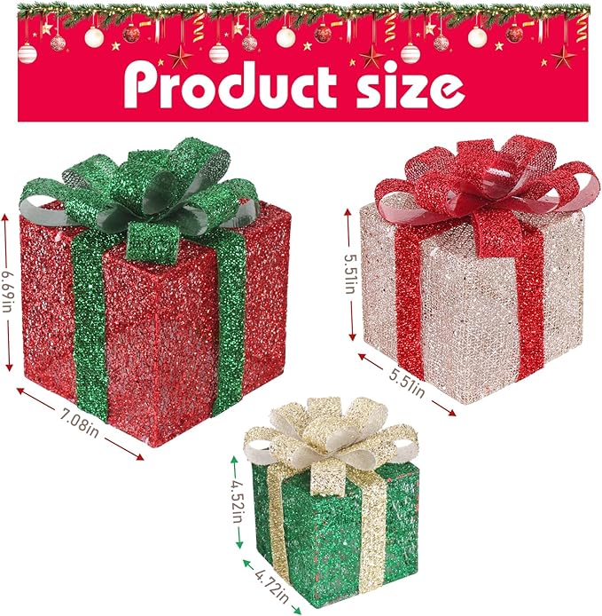 Christmas Light Gift Box Decorations, 3-Piece Set, Pre-Strung Wired Gifts with Bows, Illuminate Christmas Tree Skirt Decorations. Suitable for Indoor and Outdoor Use.