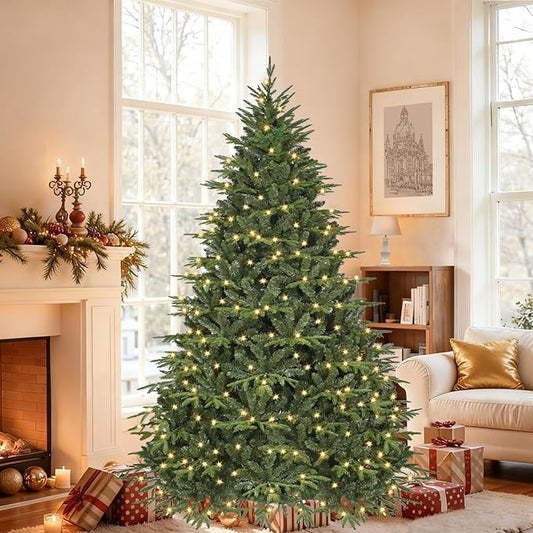 6.5ft Prelit Artificial Christmas Tree with 2368 PE PVC Tips, Premium Pre-Lit Holiday Xmas Tree with 300 UL Incandescent Lights, Metal Hinges & Foldable Base for Home Office Party, Green