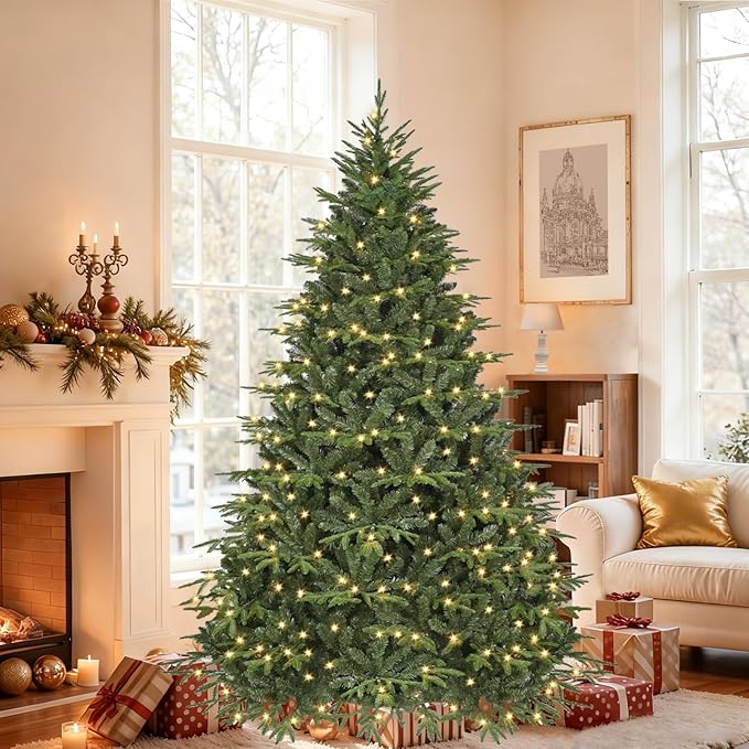 Prelit Artificial Full Christmas Tree 6FT with 2056 PE PVC Tips, Premium Pre-Lit Holiday Xmas Tree with 400 UL Incandescent Lights, Metal Hinges & Foldable Base for Home Office Party, Green