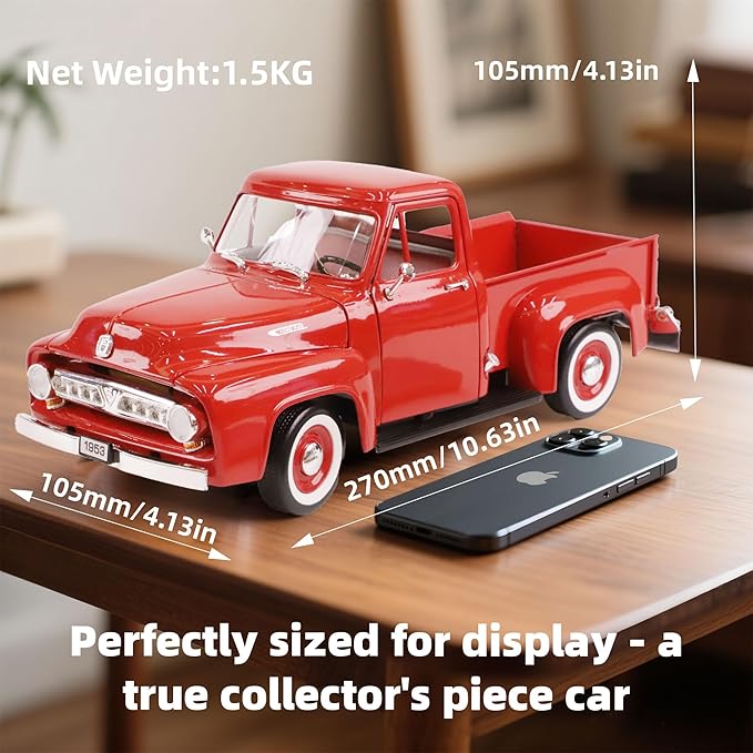 1953 Ford F-100 Pickup Truck 1/18 Scale Die-Cast Metal Model Alloy Collection Cars with Display Case, with Opening Doors, Best Gift for Men, Dad & Kids 14+ Years(Red)