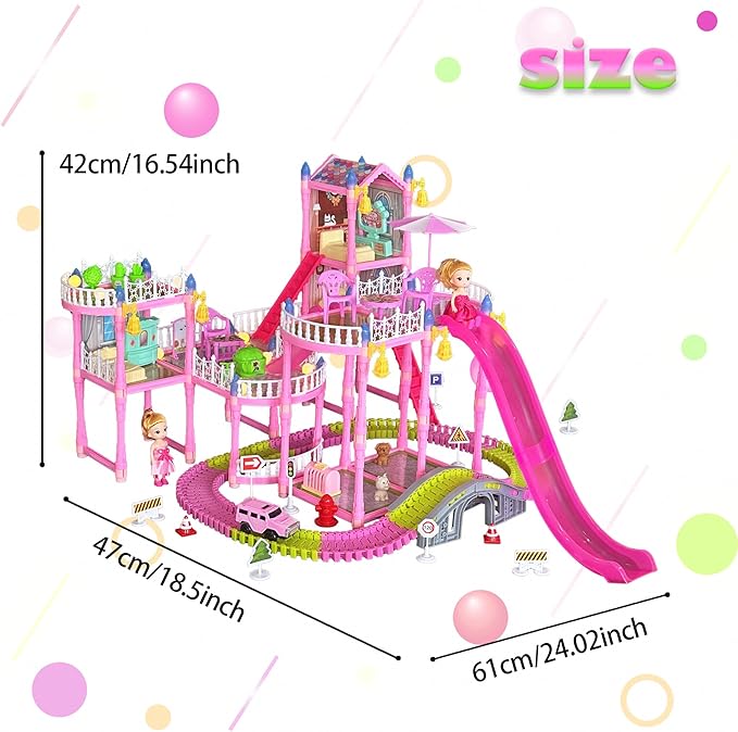 Dream Dollhouse, Racing Track, Dolls House playset with Toy Furniture and 3 Level Slide, Furniture, 1 Doll and 1 Buggy Toy and 10+ Tracks Pet and Puppy Play Area 7 Rooms