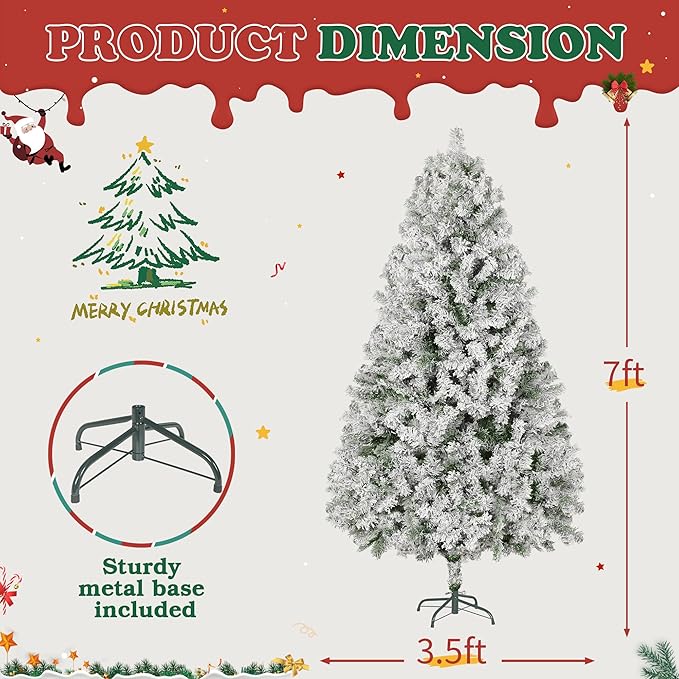 7FT Premium Artificial Christmas Tree, Snow Flocked Hinged Pine Tree with Solid Metal Stand for Outdoor and Indoor Holiday Decor