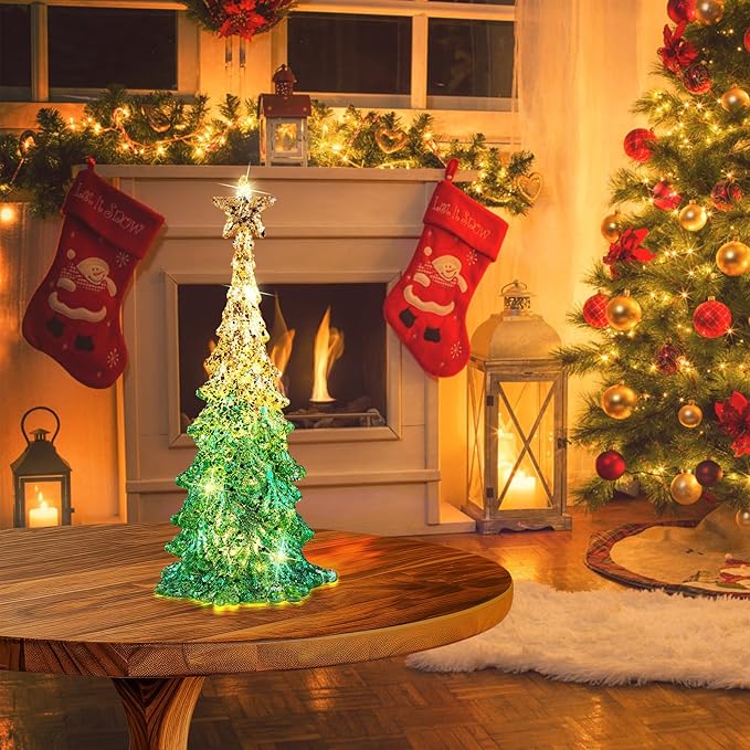11 Inch Tabletop Christmas Tree with Sparkling Glitter - Battery Operated Acrylic Lighted Christmas Tree for Home Office Fireplace Christmas Holiday Decoration Festive Decor Gift, Warm White Glow