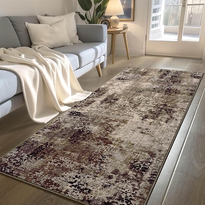 2x6 Brown Rug Runners for Hallways Kitchen Runner Rug Non Slip Washable Coffee Long Runner Rugs with Rubber Backing Soft Abstract Carpet Runner for Bedroom, Kitchen, Bathroom, Entryway
