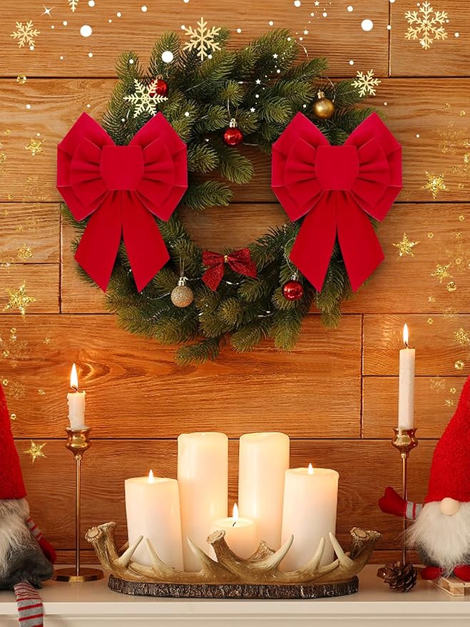 MEWTOGO 6 Pcs Small Red Bows Christmas Tree Decor - 10.2"×7.9" Velvet Red Bows with Golden Tie, Easy Hanging for Window/Stairs/Porch/Gifts Warp/Party Supplies