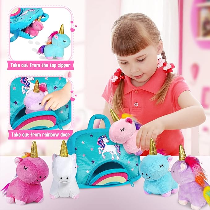 KMUYSL Toys for 18 Months+ Year Old Girls, Plush Stuffed Animal with 5 Unicorn Babies in Plush Bag Toy, Soft Plush Toys Set, Christmas Birthday Gifts for 2 3 4 5 6 7 8 Girls Boys Baby, Toddler, Kids