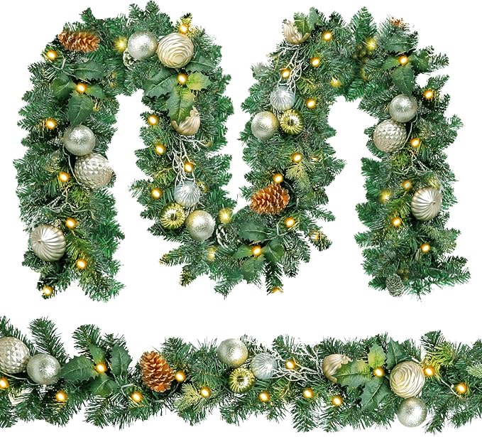 Christmas Garland Lighted Indoor Outdoor Decorations Artificial Christmas Garlands with Light Mantel Pine Cone for Door Porch Holiday Party Outdoor Indoor Xmas Decor 6FT Gold A