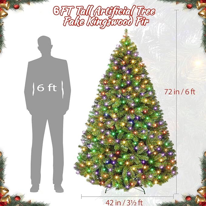 6FT Prelit Fluffy Noble Fir Artificial Christmas Tree with 500 Multicolor Lights& 9 Modes, Hinged Branches& 1400 Tips, Artificial Christmas Tree Includes Stand with Foot Switch for Holiday Home Decor