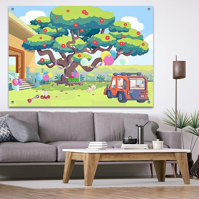 10x8FT Cartoon Dog Garden Tree Backdrop, Blue Sky Ballon Birthday Polyester Photography Background for Parties, Happy Birthday Photo Booth Prop Decorations