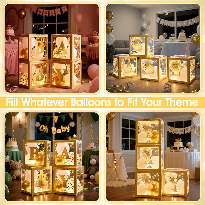 Ledido Baby Boxes with Letters for Baby Shower Decoration, 4 pcs Clear Baby Balloon Boxes Blocks with LED Fairy String Lights 38 Balloons for Boy Girl Gender Reveal Birthday Party (Gold)