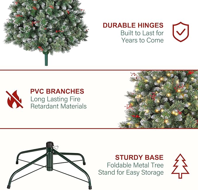 Hykolity 6 ft Prelit Snow Flocked Christmas Tree, Partially Frosted Xmas Pine Tree with Red Berries, 250 Warm White Lights, 956 PVC Branch Tips, Metal Stand and Hinged Branches