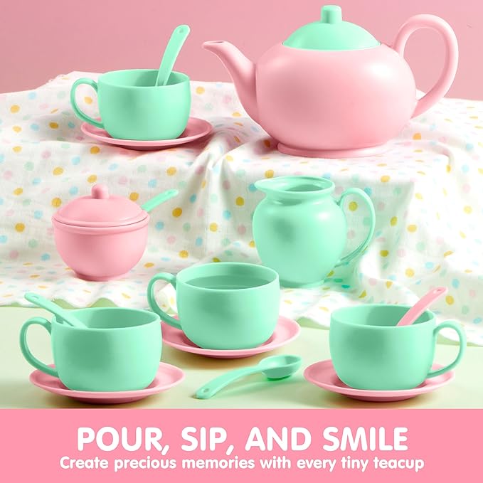 JOYIN 18PCS Pretend Tea Party Set, Plastic Tea Set, Mini Kitchen for Kids, Gifts for Toddler Boys Girls Ages 3 4 5 6 Years Old