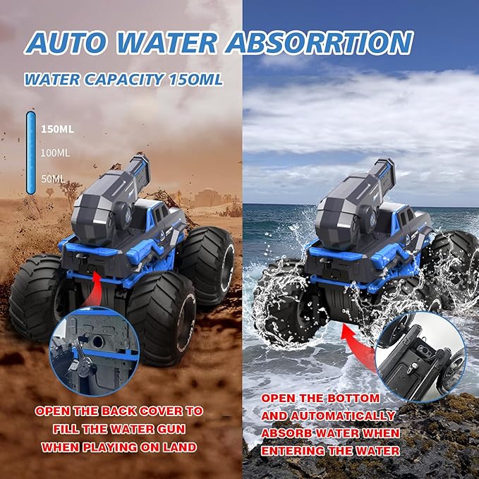 Amphibious Remote Control Car Boat Water Squirt RC Tank 2.4GHz Gesture Sensor 4WD Monster Truck Waterproof RC Car for 6 7 8 9-12 Kids Girls Boys Gift Beach Pool Water Toy With 2 Replaceable Batteries