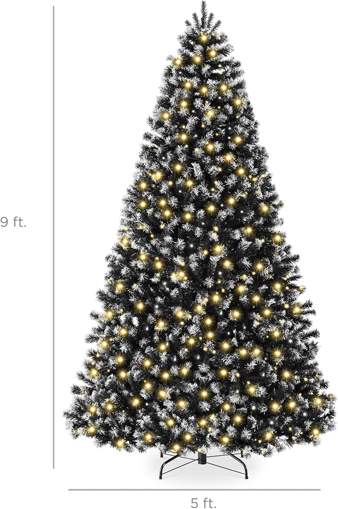 Best Choice Products Artificial Frosted Christmas Tree, 9ft Premium Pre-Lit Realistic Spruce Holiday Décor w/Dense Branches, Metal Base – Black Spruce