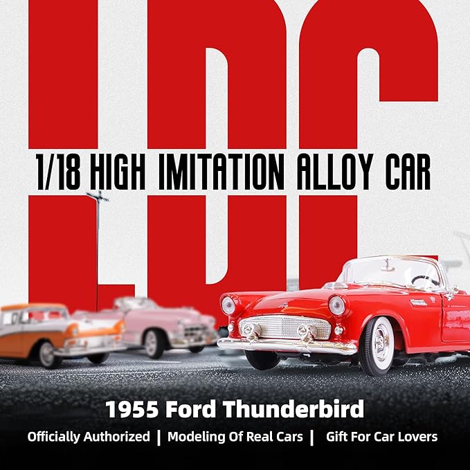 1955 Ford Thunderbird 1/18 Scale Die-Cast Metal Model Premium Classic Vintage Alloy Cars with Display Case, with Opening Doors, Best Gift for Men, Dad & Kids 14+ Years (Red)