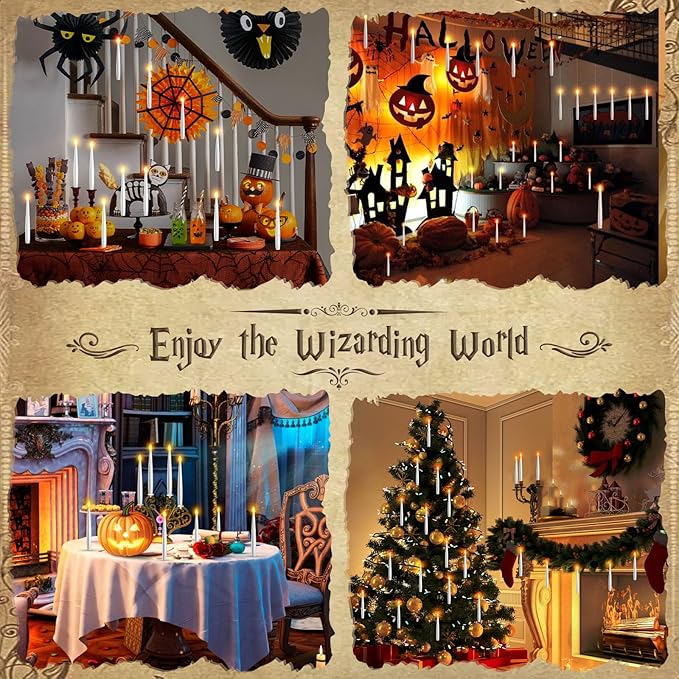 Floating Candles with Wand - Halloween Decorations Magic Flameless Candles Flickering Warm Light LED Hanging Candle Remote, Battery Operated Candles for Christmas Outdoor Indoor Party Decor