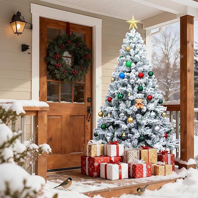 Beyond 6FT Snow Flocked Artificial Full Christmas Tree, Hinged Spruce Christmas Tree with 1100 Branch Tips, Xmas Tree with Metal Stand for Home, Party Decoration, White