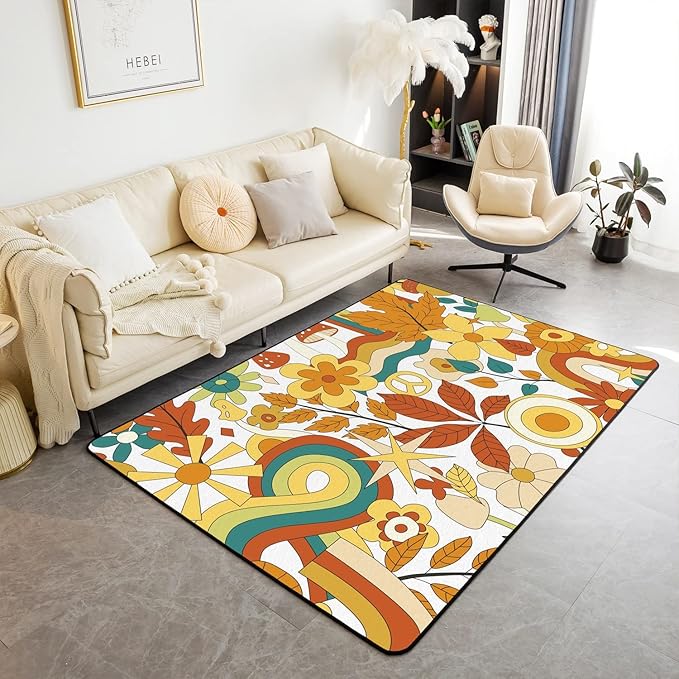 70S Groovy Hippie Flower Area Rug Girls Boho Rainbow Leaves Mushroom Pumpkin Flowers Carpet 4x5,Vintage Wavy Floral Decorative Rug Aesthetic Psychedelic Funky Non Slip Rug for Bedside
