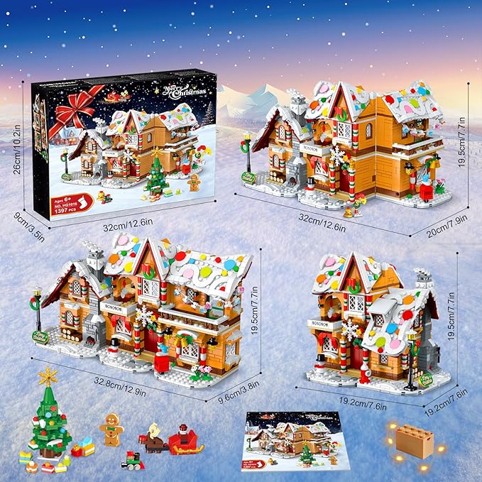 2025 Christmas 3 Style Gingerbread House Building Set with Light - 1477PCS Christmas Village Castle Building Block Toy with Santa Claus Xmas Tree Train for Adult Kids Girl Boy 6+