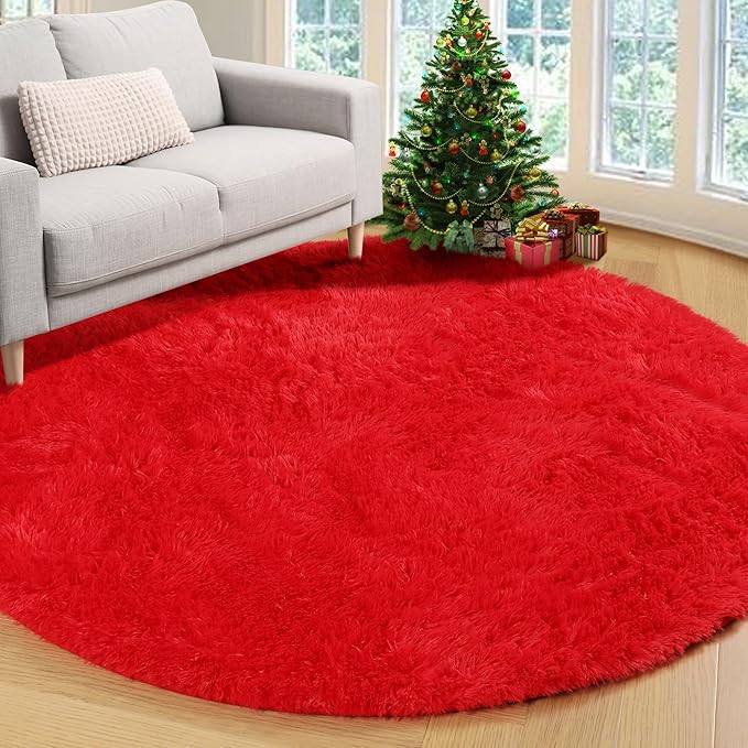 ONASAR Red Round Area Rug 4x4, Soft Bedroom Circle Rugs Floor Mat for Kids Girls Teen Room, Kawaii Fluffy Plush Shaggy Carpet for Nursery Living Room Playroom Christmas Home Decor Princess Castle