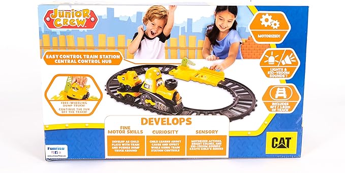 CAT Construction Toys, Power Track Friends Preschool Train Set, 8 Pieces of Easy-to-Assemble Track, Light & Sounds, Motorized Train & Car Carrier, Develops Fine Motor Skills