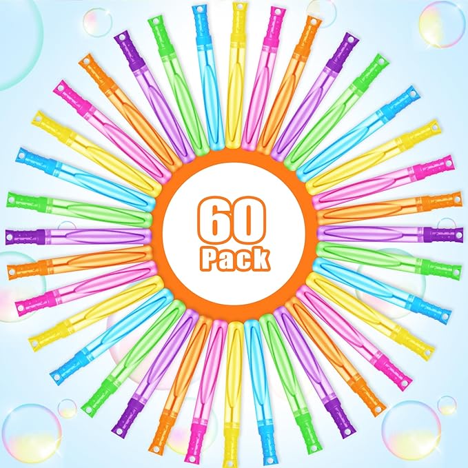 Bubble Wand, 60 Pcs Bubble Wands Bulk in 6 Colors, Bubble Party Favors for Kids, Summer Toys, Indoor Outdoor Activity, Themed Birthday, Wedding, for Girls & Boys