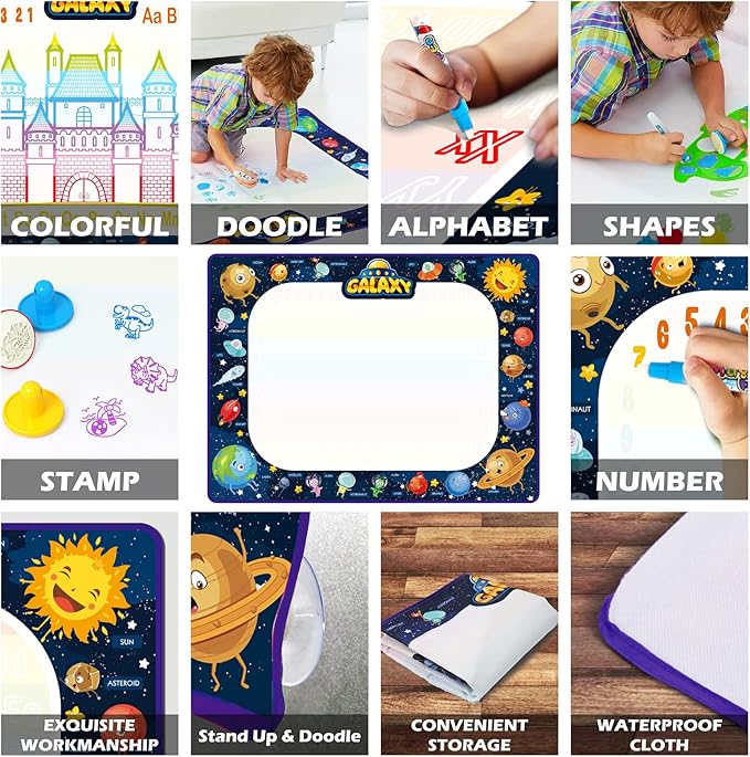 Jasonwell Aqua Water Doodle Mat 40x28 Inches Large Magic Drawing Doodling Mat Coloring Mat Educational Toys Christmas Birthday Gifts for Kids Toddler Boys Girls Age 2 3 4 5 6 7 8 Year Old (Galaxy)