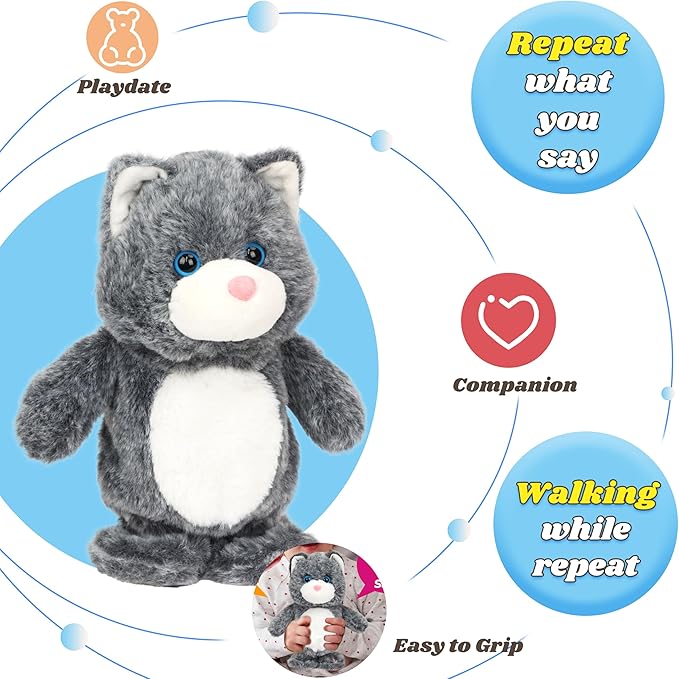 Hopearl Talking Singing Cat Repeats What You Say Kitty Walking Kitten Electric Interactive Animated Toy Speaking Plush Buddy Gifts for Toddlers, Gray, 9''