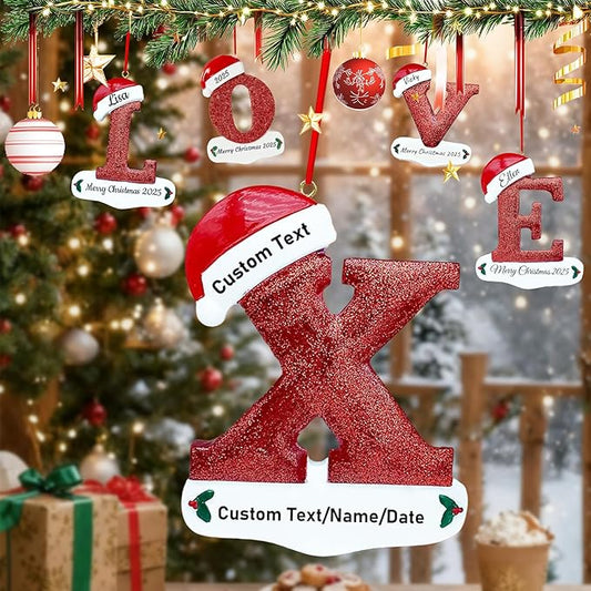 Personalized Letter Christmas Ornaments 2025, Custom Xmas Ornaments Decorations for Christmas Tree with Name 3D Resin Xmas Hanging Pendant Original Gifts for Family Friends (X)