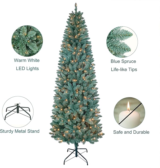7.5FT Prelit Slim Artificial Christmas Tree with 843 Branch Tips, 300 Warm White LED Lights and Metal Stand, Realistic Skinny Pencil Blue Spruce Christmas Tree for Holiday Décor