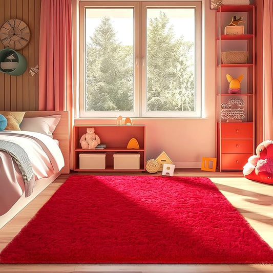 Ophanie Red Rugs for Bedroom Living Room, Fluffy Fuzzy Furry Carpet, Plush Soft Shaggy Bedside Indoor Floor 4x6 Area Rug for Kids Girls Boys Baby Teen Dorm Nursery Home Decor Aesthetic