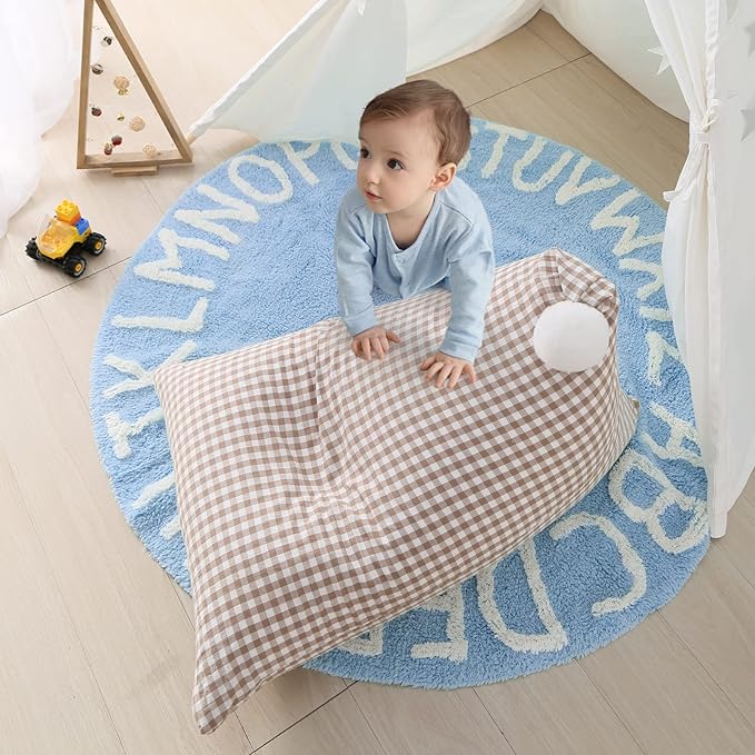 ABC Rug for Kids Room Circle Alphabet Nursery Rug for Baby Boy and Girl - Round Neutral Toddler Playroom Rug, Letter Learning Carpet 59 Inches