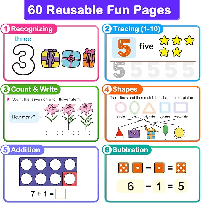 Preschool Learning Activities Math Workbook - Reusable 60 Pages Tracing Books for Kids Ages 3-5, Number, Addition & Subtraction | Fine Motor Skills Learning Toys for Toddlers 2-4 Years Old