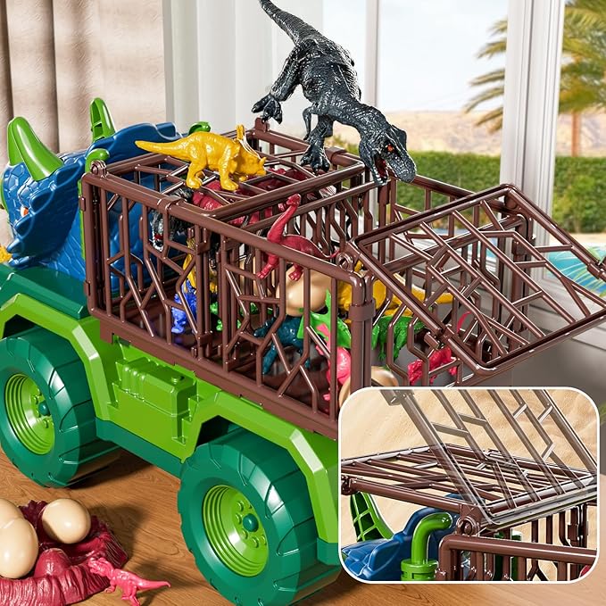 22 in 1 Triceratops Dinosaur Truck Toys for Kids Boys Ages 3-5-7 4-8, Dino Carrier Truck with 18 Jurassic Dino Figures, 3 Dinosaur Eggs, 3 4 5 6 7 8 Year Old Toddler Boy Girl Birthday Gifts
