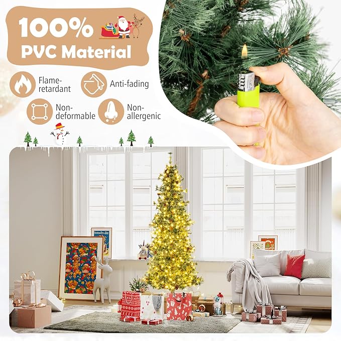 GOFLAME 8FT Pre-lit Christmas Tree, Artificial Xmas Tree with 400 Warm White LED Lights, 702 Branch Tips, Withered Branches, Pine Needles & 36 Pine Cones, Holiday Decoration Tree for Home Party