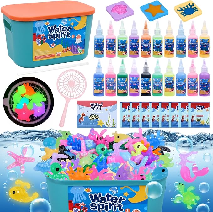 FTUREERA Glowing Magic Water Elf Toy Kit, Glowing in The Dark Aqua Fairy Water Elf, 20 Gels, 18 Sea Creature Molds, Squishy Maker Making Kit, Christmas Birthday Gifts, Crafts DIY for Kids
